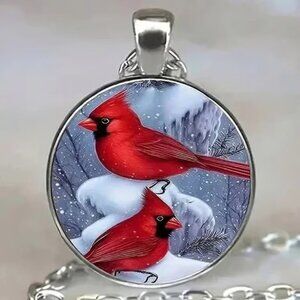 Silver CARDINAL Christmas Glass Cabochon Pendant Necklace